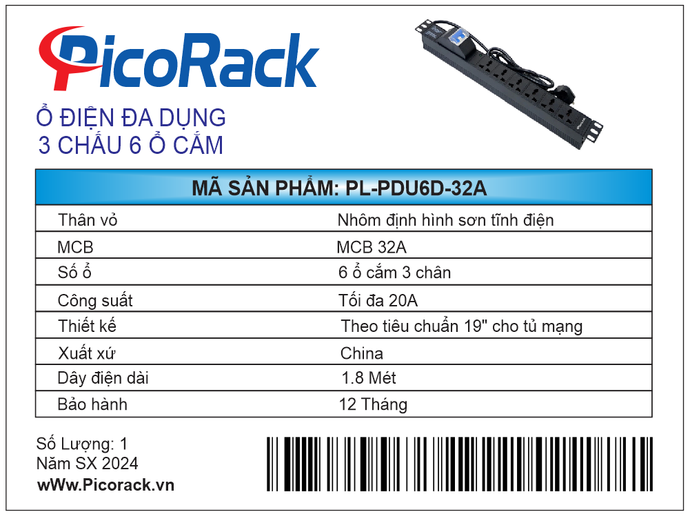 Thanh nguồn PDU Đa năng 6 ổ cắm 32A có kèm dây nguồn PL-PDU6D-32A